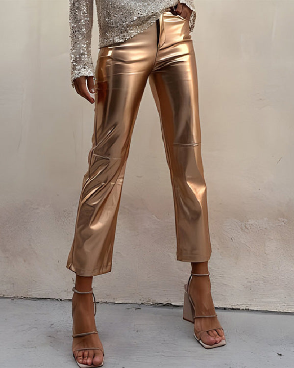 Metallic PU Leather Straight Pants