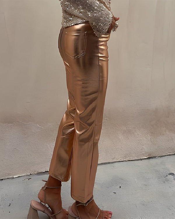 Metallic PU Leather Straight Pants