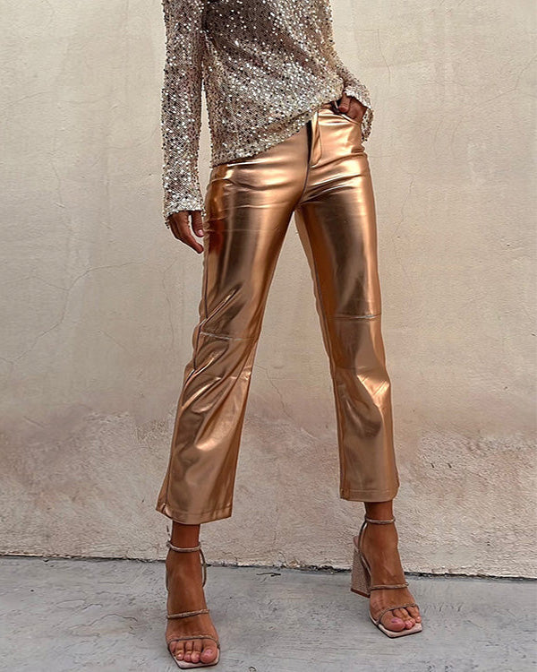 Metallic PU Leather Straight Pants