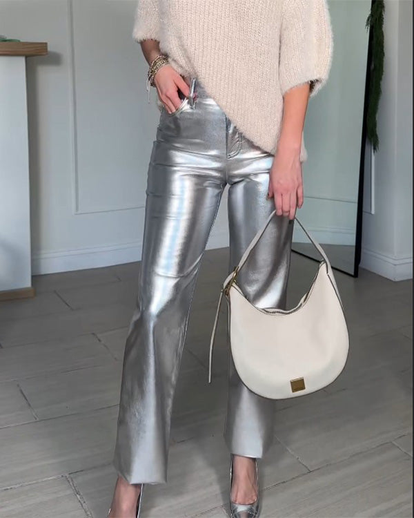 Metallic PU Leather Straight Pants