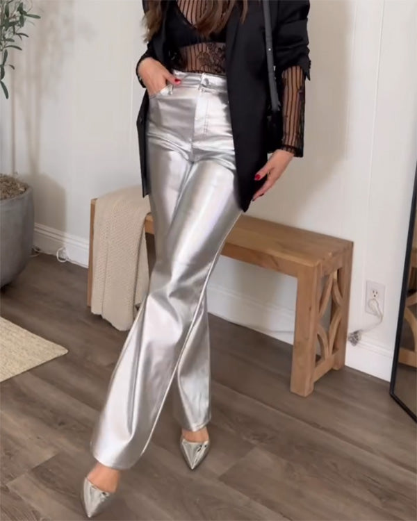 Metallic PU Leather Straight Pants