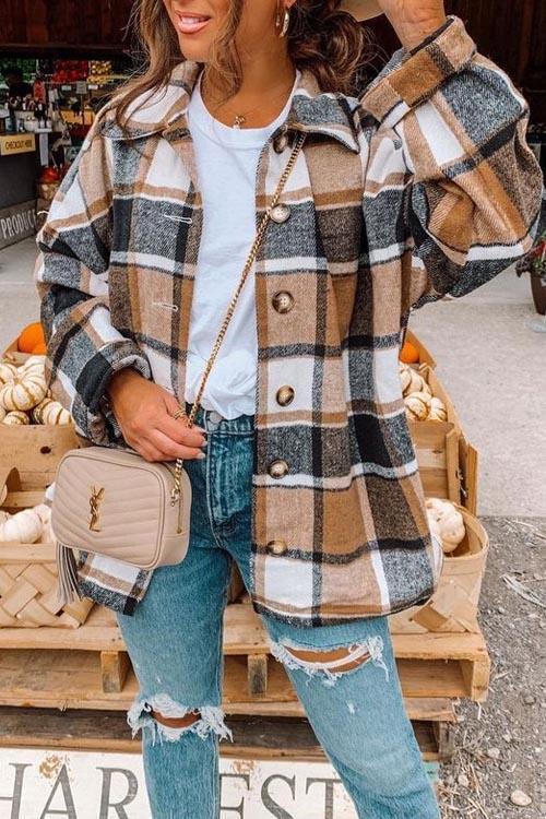 England Plaid Metal Button Thick Shirt Coat