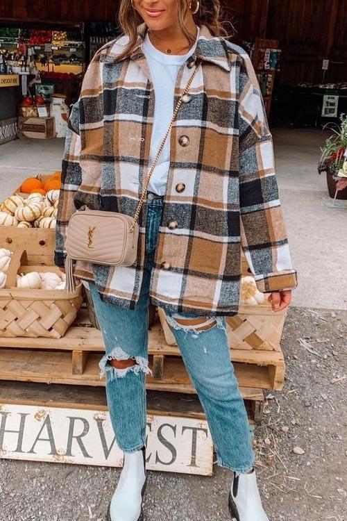 England Plaid Metal Button Thick Shirt Coat