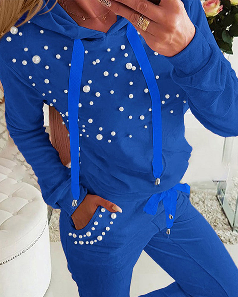 Beaded Hooded Top & Drawstring Pants Set