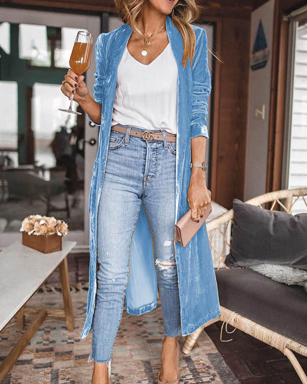 Loose Elastic Velvet Long Cardigan Jacekt Coat