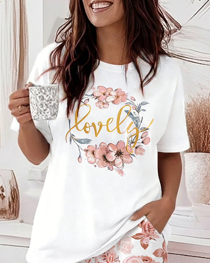 2 Pieces Outfit Floral & Lovely Letter Print Round Neck Short Sleeve Top and Floral Print Elastic Waist Shorts Set Casual Pajamas Set