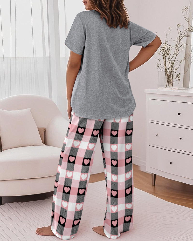 2 Pieces Outfit Floral Print Short Sleeve Top and Casual Plaid Heart Pattren Lounge Pants Set
