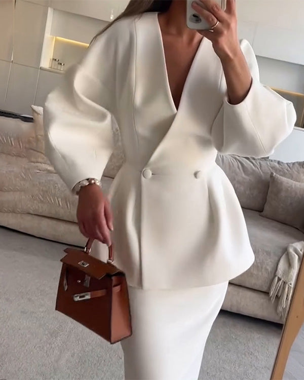 V Neck Puff Sleeve Blazer and Skirts 2 Pieces Set