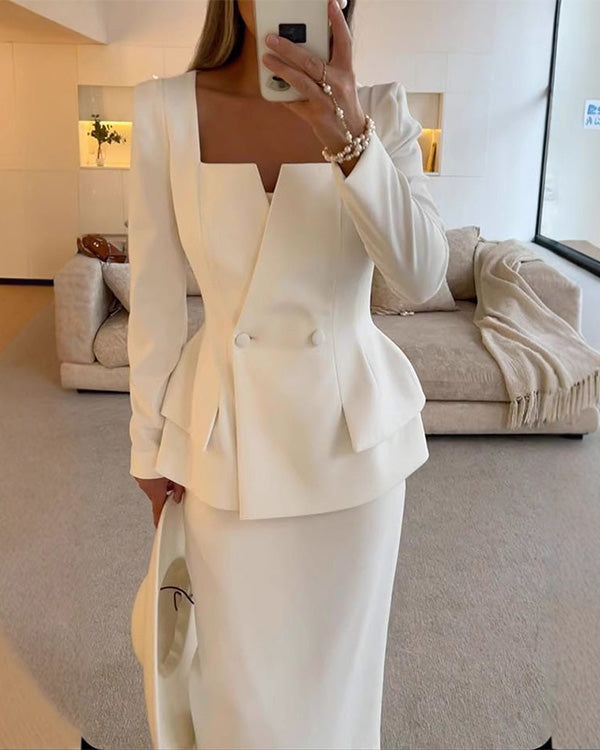 2 Button Suit Blazer and Skirts 2 Pieces Set