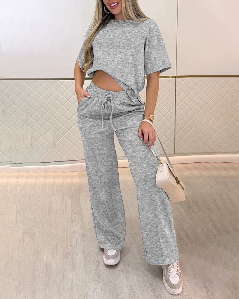 2 Pieces Outfit O-neck Short Sleeve Side Slit Top and Casual Drawstring Elastic Waist Seam Front Wide Leg Pants Set
