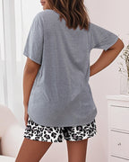 Leopard Heart Print Short Sleeve Pajamas Set