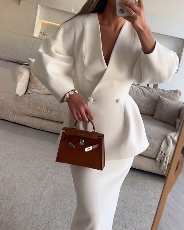 V Neck Puff Sleeve Blazer and Skirts 2 Pieces Set