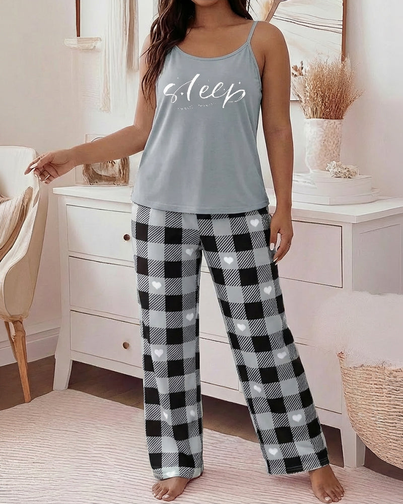 2 Pieces Outfit Eyelash & Sleep Letter Print U-Neck Adjustable Spaghetti Straps Cami Top and Plaid & Heart Print Elastic Waist Wide Leg Pants Set Casual Pajamas Set