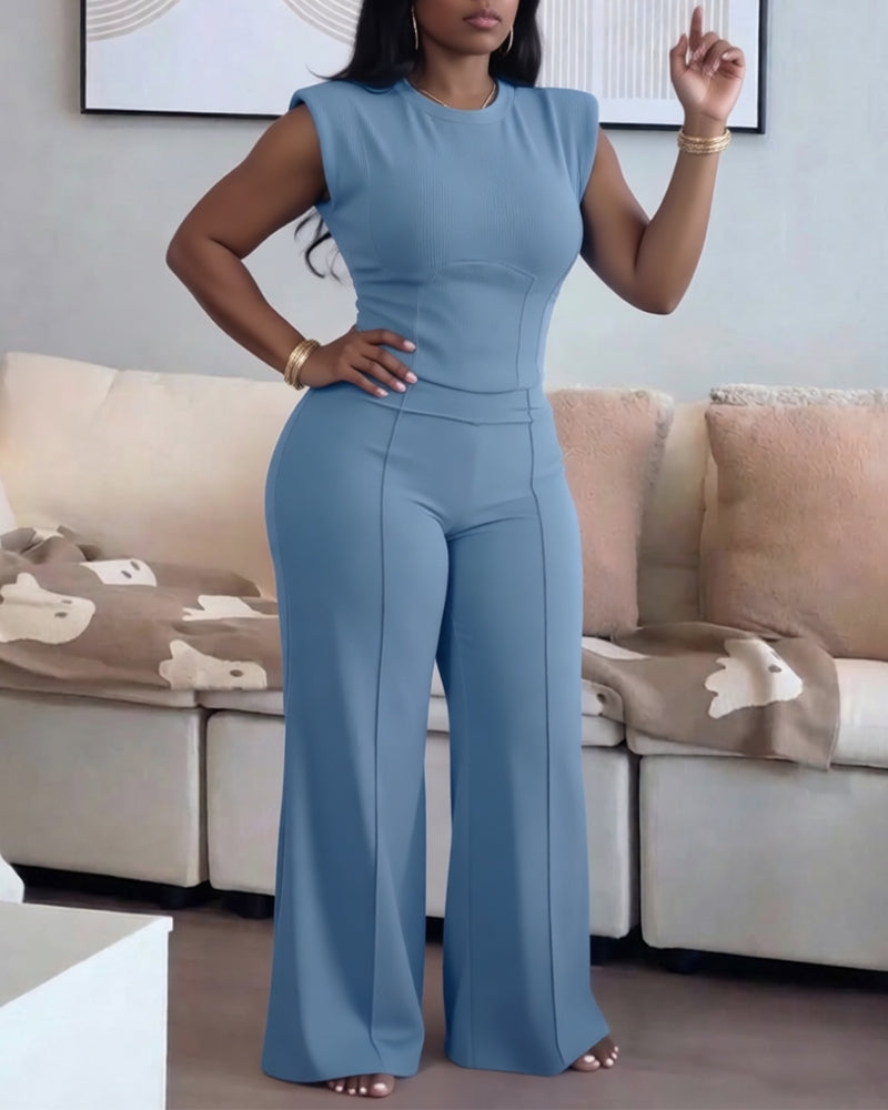 2 Pieces Outfit O-neck Sleeveless Padded Shoulders Cinched Waist Crop Top and Elastic Waist Seam Front Wide Leg Pants Set