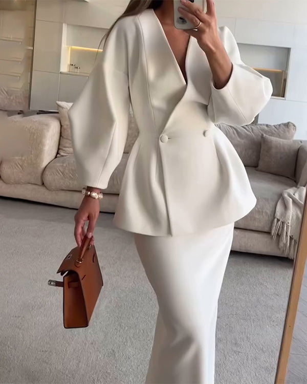 V Neck Puff Sleeve Blazer and Skirts 2 Pieces Set
