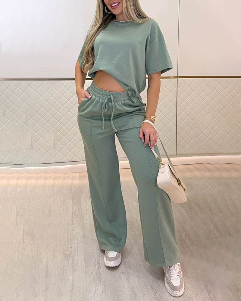 2 Pieces Outfit O-neck Short Sleeve Side Slit Top and Casual Drawstring Elastic Waist Seam Front Wide Leg Pants Set