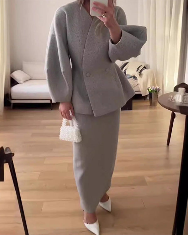 V Neck Puff Sleeve Blazer and Skirts 2 Pieces Set