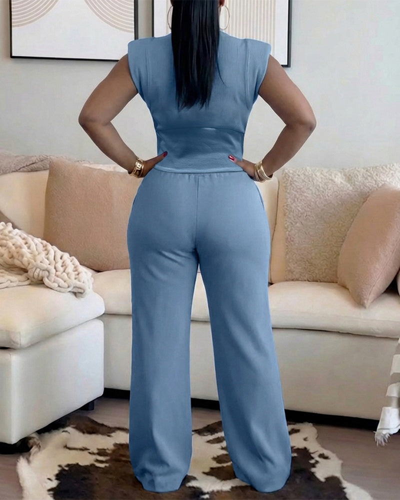2 Pieces Outfit O-neck Sleeveless Padded Shoulders Cinched Waist Crop Top and Elastic Waist Seam Front Wide Leg Pants Set