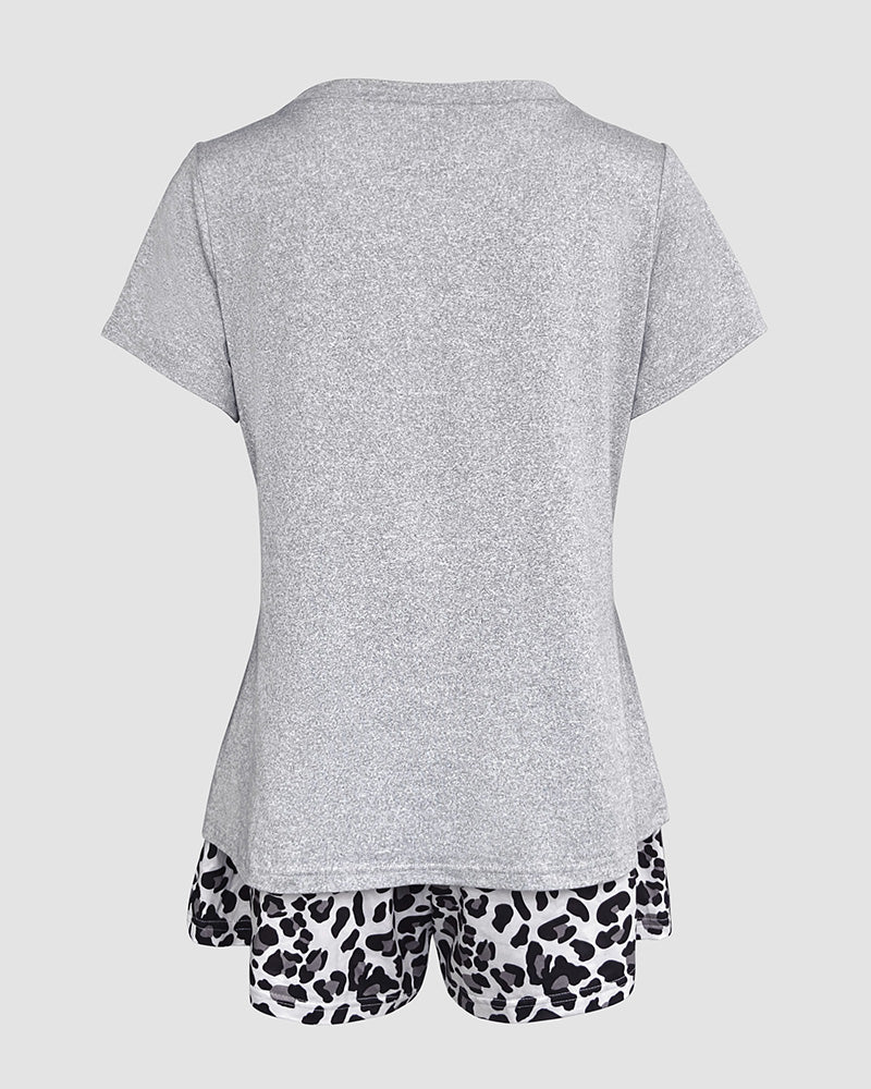 Leopard Heart Print Short Sleeve Pajamas Set