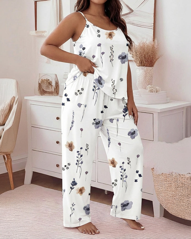 2 Pieces Outfit U-Neck Adjustable Spaghetti Straps Cami Top and Elastic Waist Wide Leg Pants Set Casual Watercolor Floral Print Pajamas Set