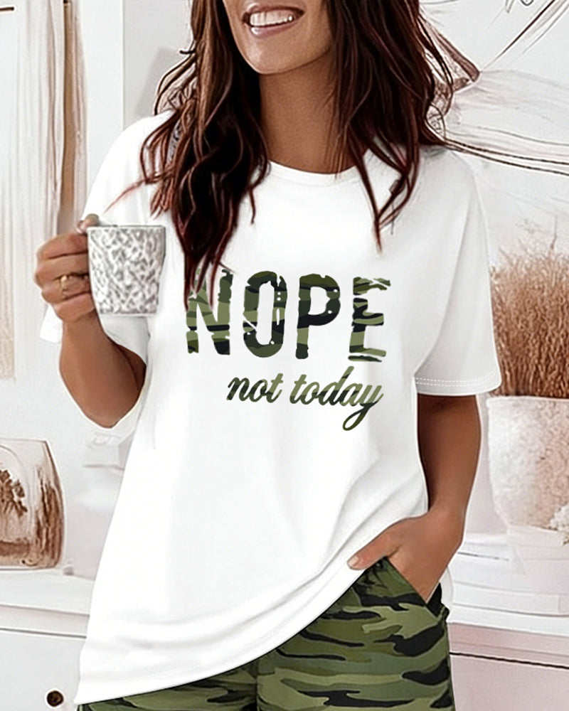 2 Pieces Outfit NOPE Not Today Slogan Print Round Neck Short Sleeve Top and Camouflage Print Elastic Waist Shorts Set Casual Pajamas Set