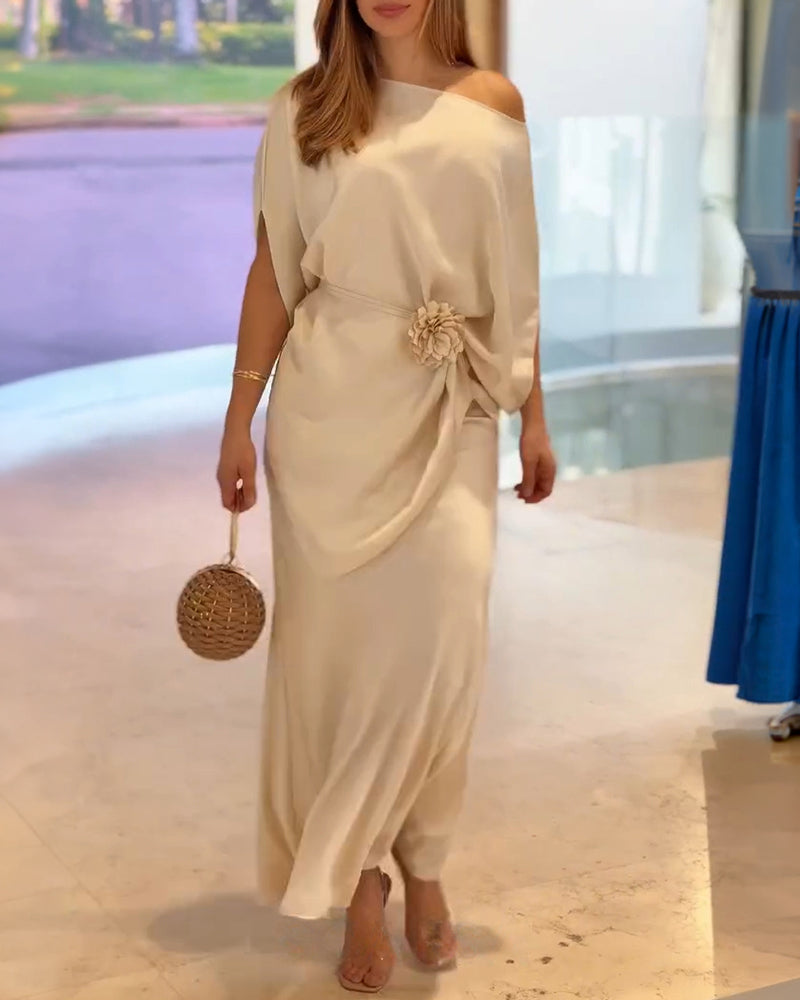 2 Pieces Outfit Skew Neck Batwing Sleeve Asymmetrical Hem Top and High Waist Zipper Side Mermaid Hem Maxi Skirt Set Elegant Satin Evening Set with 3D Flower Decor Belt