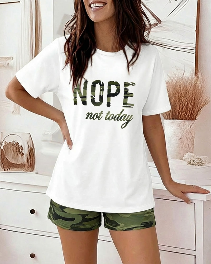 2 Pieces Outfit NOPE Not Today Slogan Print Round Neck Short Sleeve Top and Camouflage Print Elastic Waist Shorts Set Casual Pajamas Set