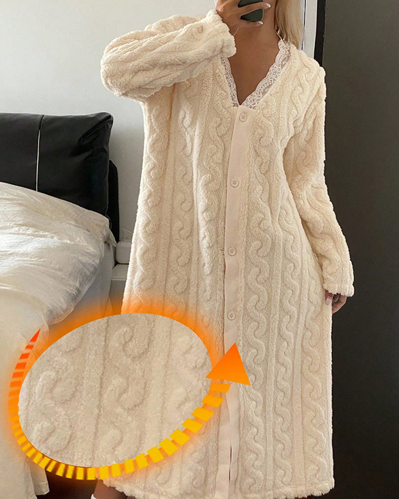 Stylish Contrast Lace V Neck Night Dress Casual Long Sleeve Weaving Knit Coral Sleepwear