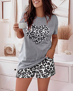 Leopard Heart Print Short Sleeve Pajamas Set