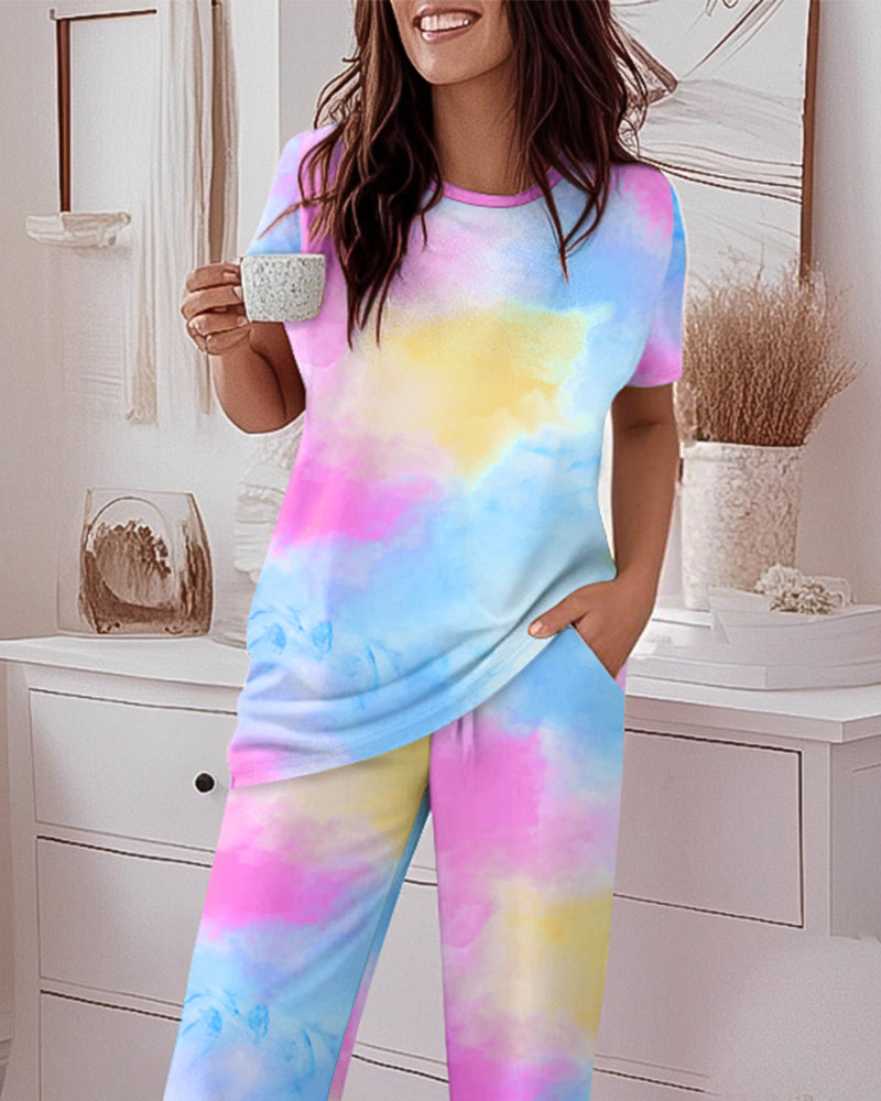 2 Pieces Outfit Tie Dye Print Short Sleeve Top and Elastic Waist Loose Fit Pants Set Casual Pajamas Set