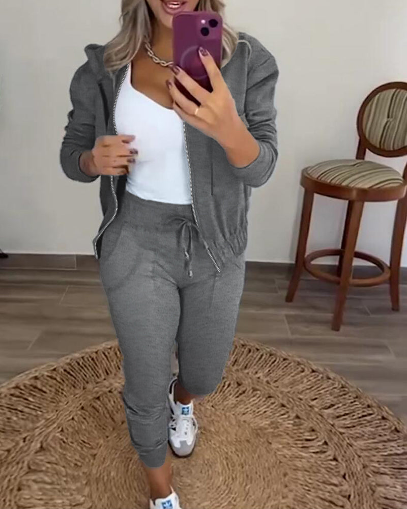 2 Pieces Outfit Long Sleeve Zip Up Flap Pockets Design Stretchy Hem Hoodie Coat and Drawstring Elastic Waist Slim Fit Pants Set