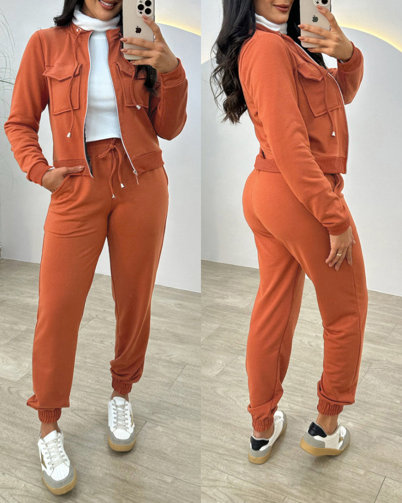 Stand Collar Long Sleeve Pocket Dec Zipper Top and Casual Elastic Waist Drawstring Pants Sets