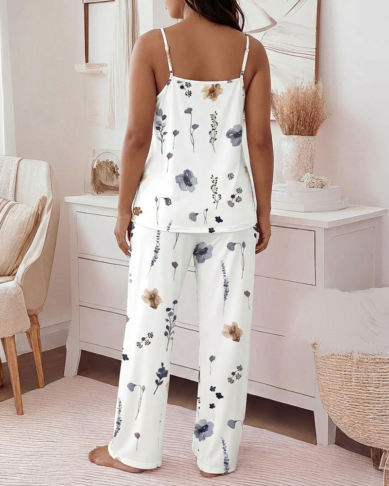 2 Pieces Outfit U-Neck Adjustable Spaghetti Straps Cami Top and Elastic Waist Wide Leg Pants Set Casual Watercolor Floral Print Pajamas Set