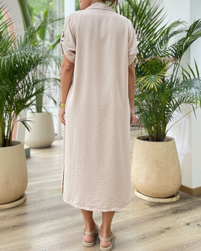 2 Pieces Outfit Turn-down Collar Roll Up Sleeve Button Front Side Slit Mid-length Shirt and Drawstring Elastic Waist Shorts Set Casual Textured Vacation Set