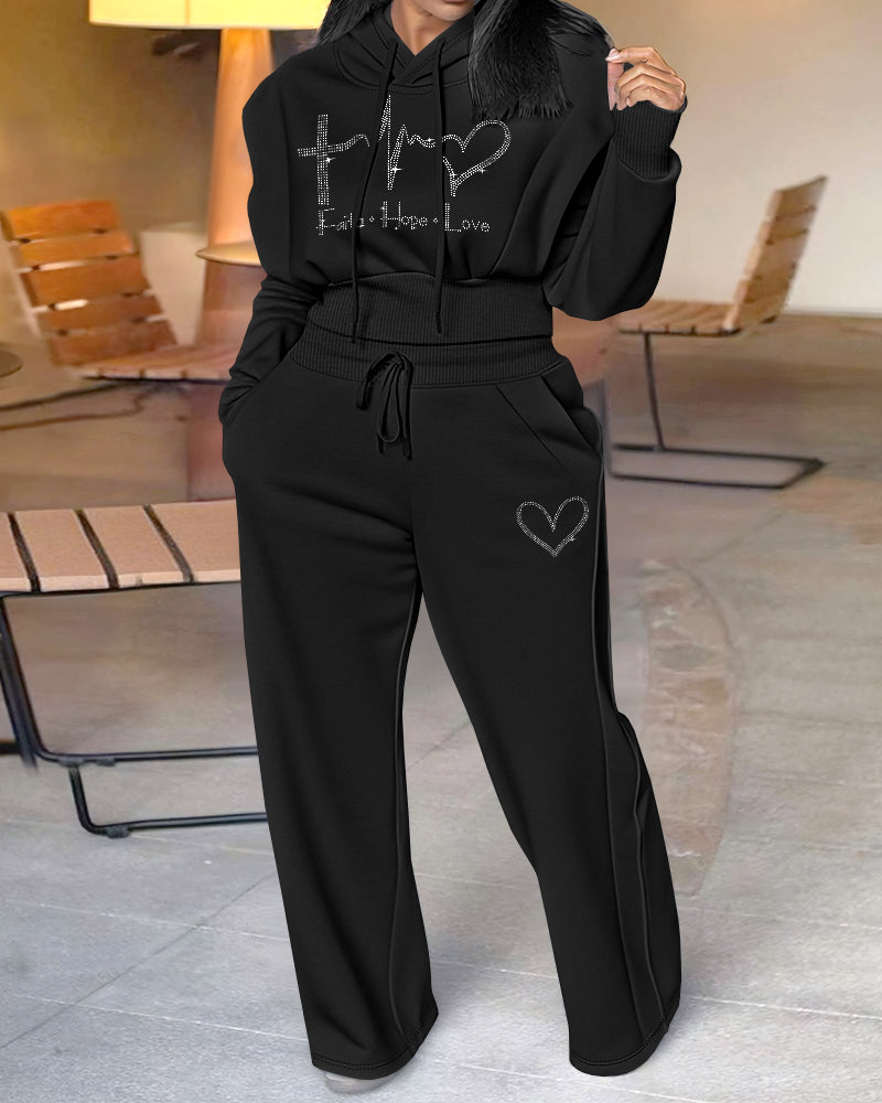 2 Pieces Outfit Rhinestone Graphic & Letter Pattern 3D Design Crop Drawstring Hoodie Sweatshirt and Casual Drawstring Elastic Waist Wide Leg Sweatpants Set