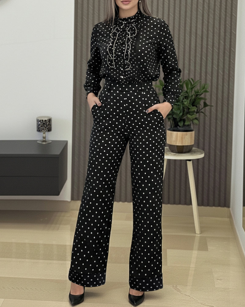 2 Pieces Outfit Stand Collar Button Front Ruffles Spliced Top and High Waist Straight Leg Pants Set Casual Polka Dot Print Commuting Set