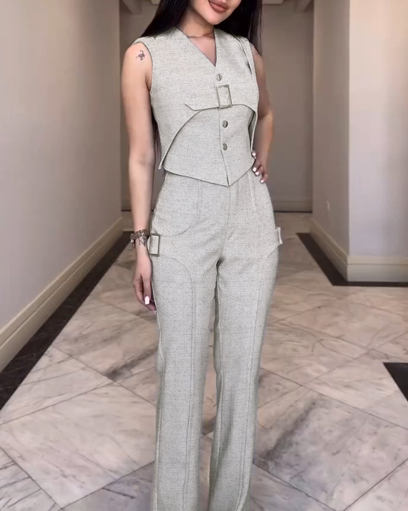 2 Pieces Outfit V-Neck Sleeveless Button Front Vest and Zipper Fly Elastic Back Waist Pants Set Casual Buckle Design Faux Two-Piece Set