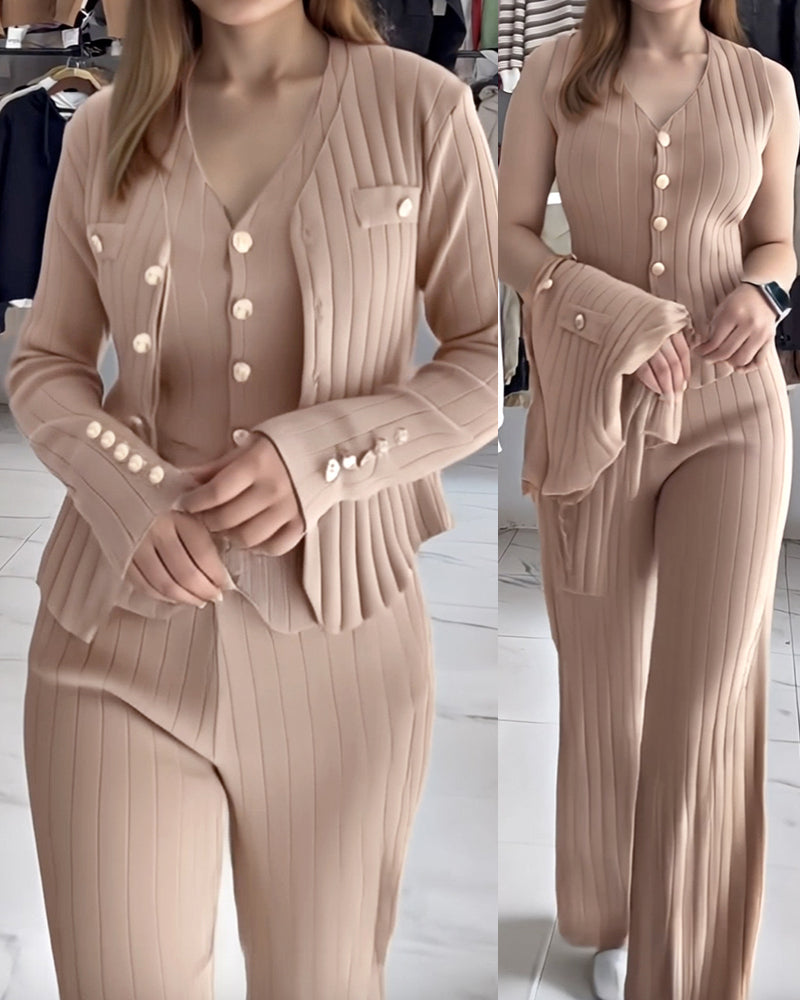3 Pcs Outfits V Neck Long Sleeve Knit Coat with Metal Button Detail Tank Top Casual Long Pants Knit Sets