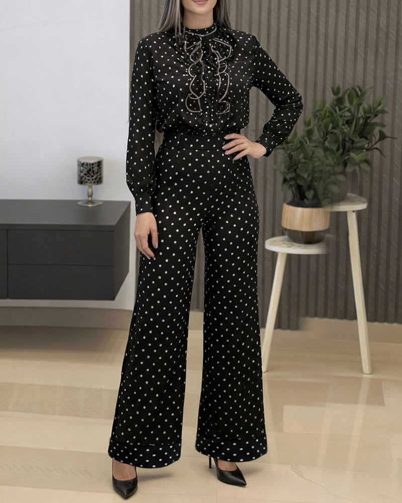 2 Pieces Outfit Stand Collar Button Front Ruffles Spliced Top and High Waist Straight Leg Pants Set Casual Polka Dot Print Commuting Set