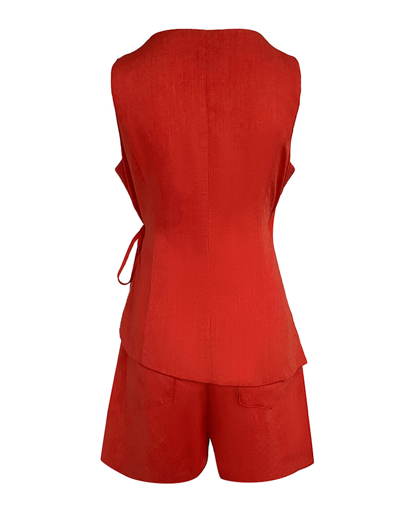2 Pieces Outfit Plain Wrap V Neck Criss Cross Tied Detail Linen Top and Casual Pockets Patch Shorts Set