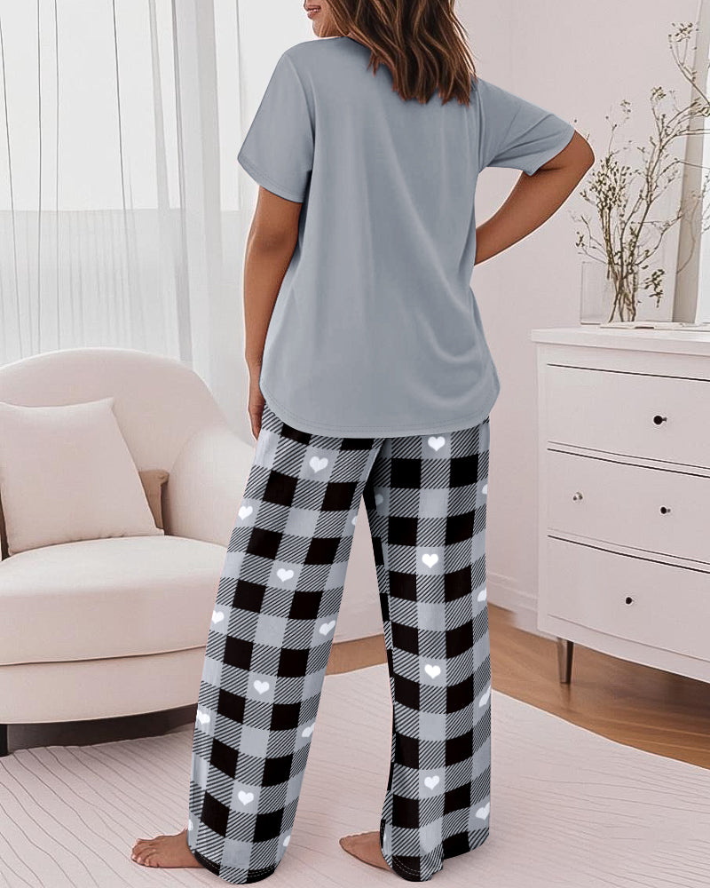 2 Pieces Outfit Cute Letter Print Short Sleeve T-shirt and Plaid Pants Set Loungewear