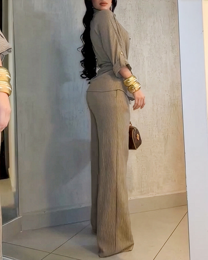 2 Pieces Outfit Vintage Turn-down Collar Roll Up Sleeve Button Front Flap Pocket Design Waist Drawstring Top and Elastic Waist Wide Leg Pants Set Casual Textured Commuting Set