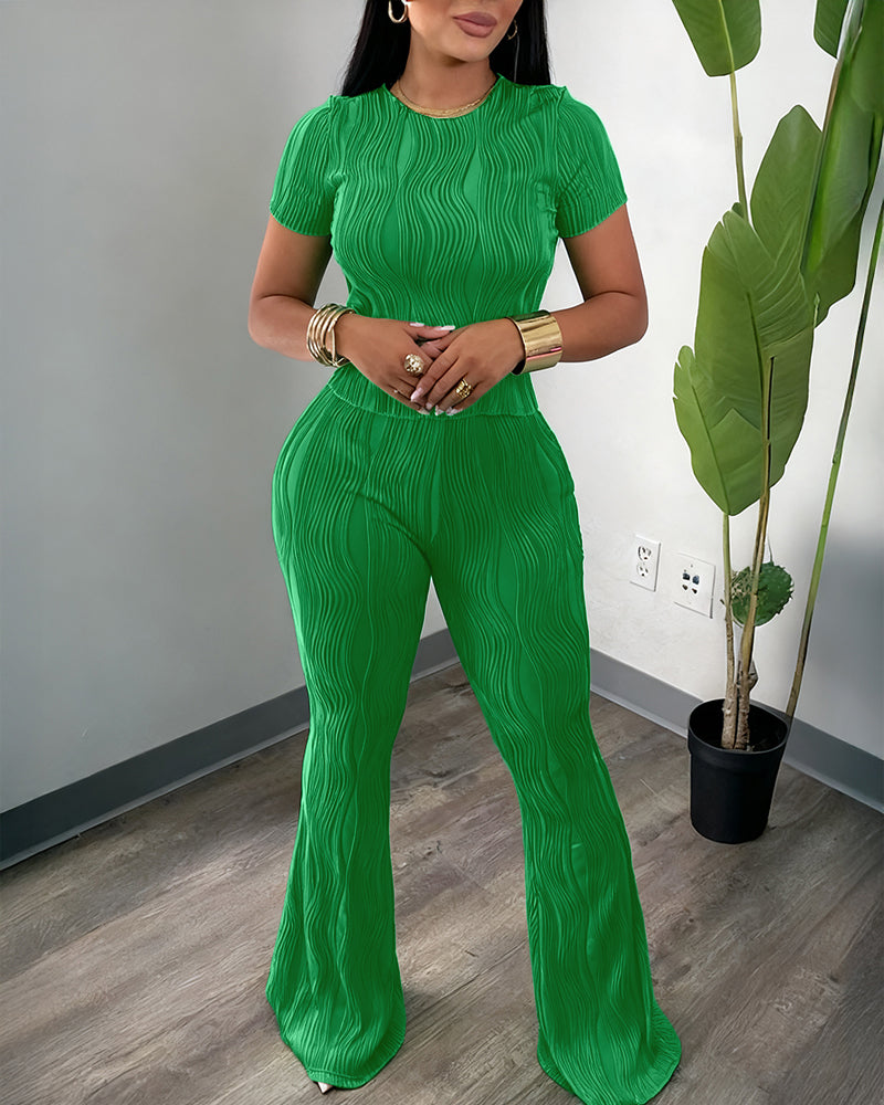 2 Pieces Outfit Round Neck Short Sleeve Crop Top and Elastic Waist Flared Pants Set Slim Fit Textured Set (Multiple Colors Available)