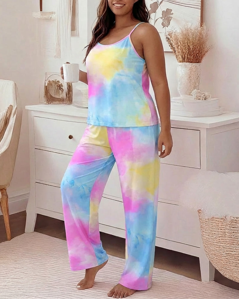 2 Pieces Outfit U-Neck Adjustable Spaghetti Straps Cami Top and Elastic Waist Wide Leg Pants Set Casual Tie Dye Print Pajamas Set