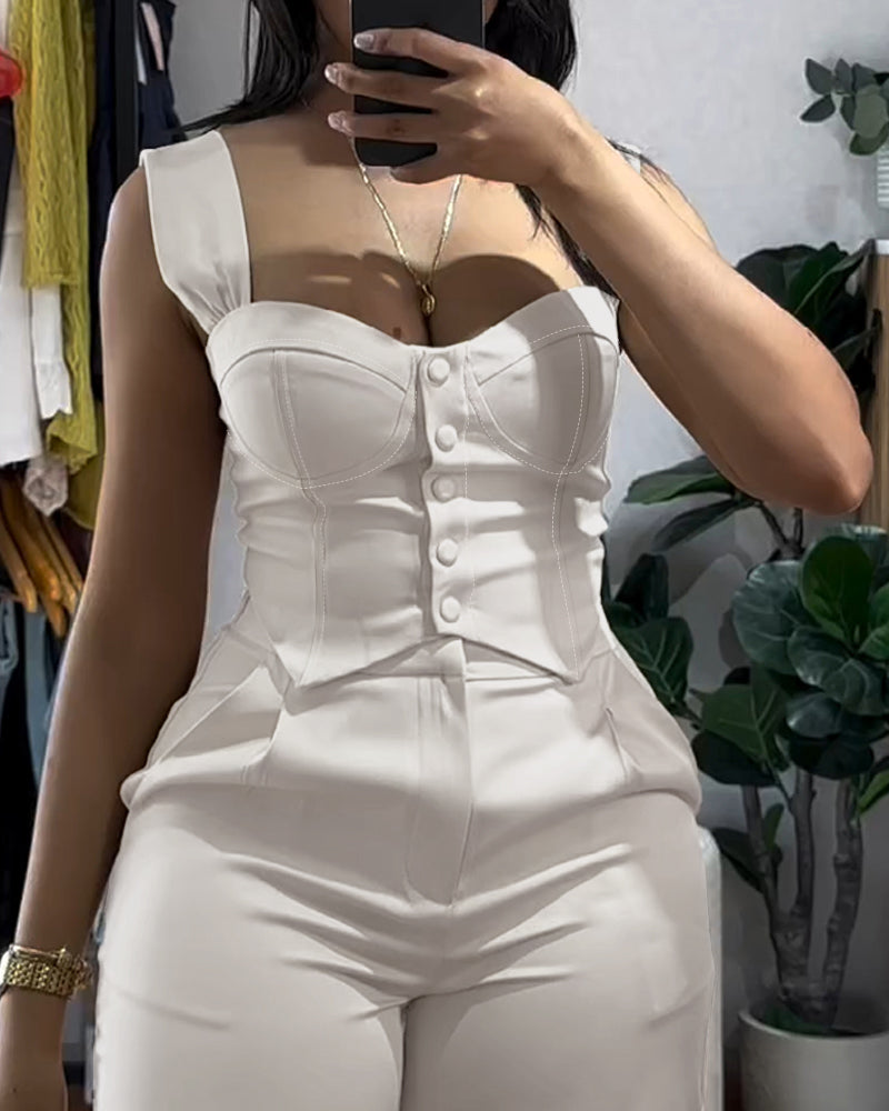 2 Pieces Outfit Thick Strap Button Front Shirred Back Slim Fit Crop Top and Casual High Waist Zipper Fly Elastic Back Waist Wide Leg Pants Set