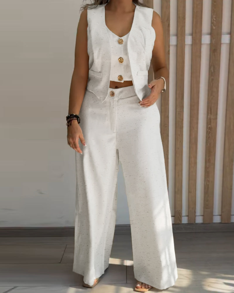 2 Pieces Outfits V Neck Sleeveless Button Front Vest Crop Top And Casual Zipper Fly Elastic Back Waist Wide Leg Pants Set