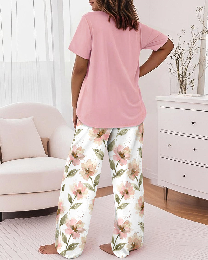 2 Pieces Outfit Faith Letter Print Short Sleeve Top and Watercolor Floral Print Elastic Waist Pants Set Casual Pajamas Set