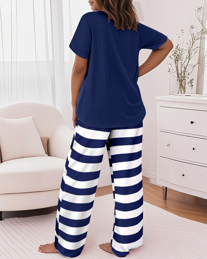 2 Pieces Outfit Anchor Pattern Short Sleeve Top and Striped Elastic Waist Pants Set Casual Pajamas Set