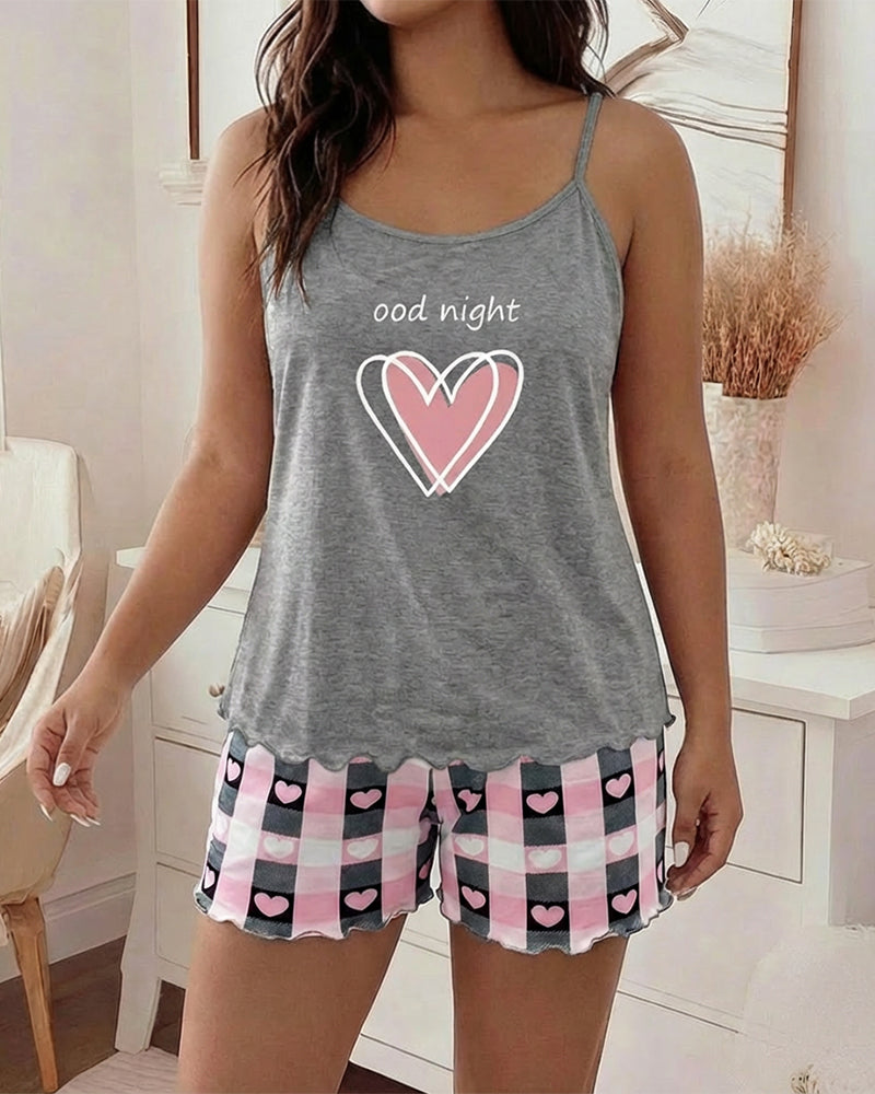2 Pieces Outfit Heart & Good Night Slogan Print U-Neck Adjustable Spaghetti Straps Cami Top and  Plaid & Heart Print Elastic Waist Shorts Set Casual Pajamas Set