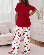 Valentine's Day 2 Pieces Outfit Round Neck Short Sleeve Top and Elastic Waist Pants Set Casual Heart & Butterfly Print Loose Fit Pajamas Set